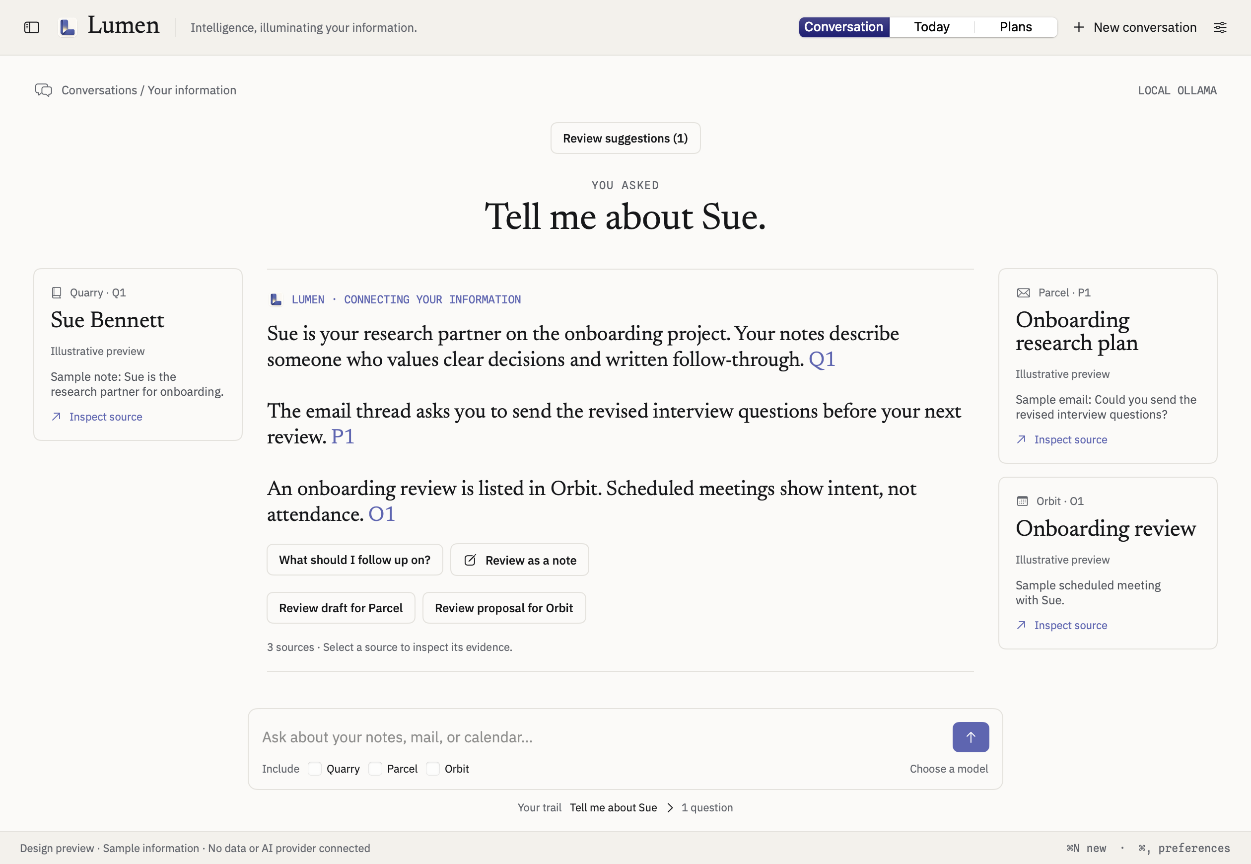 Lumen Aperture view with an answer about Sue and supporting notes, mail, and meeting sources