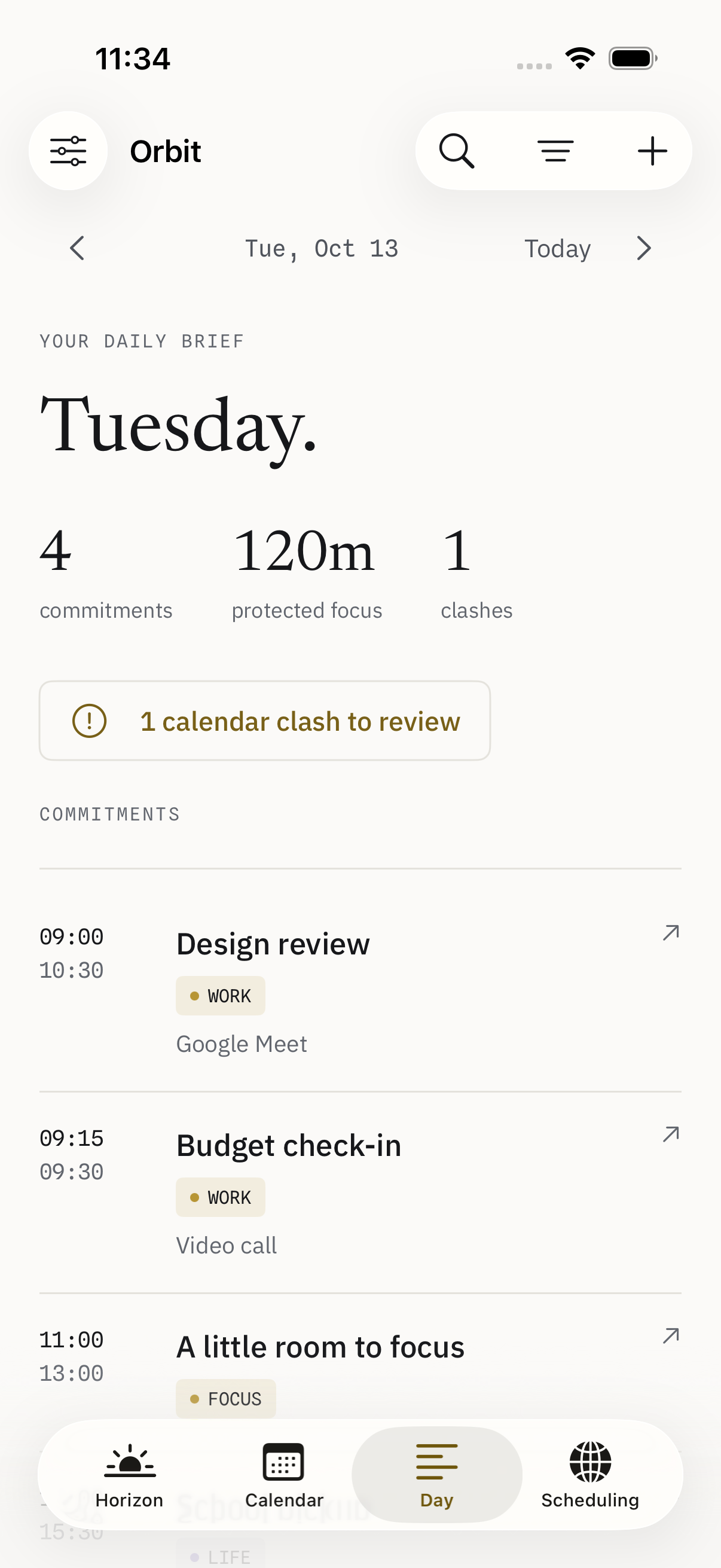 Orbit on iPhone: Day view with demo events