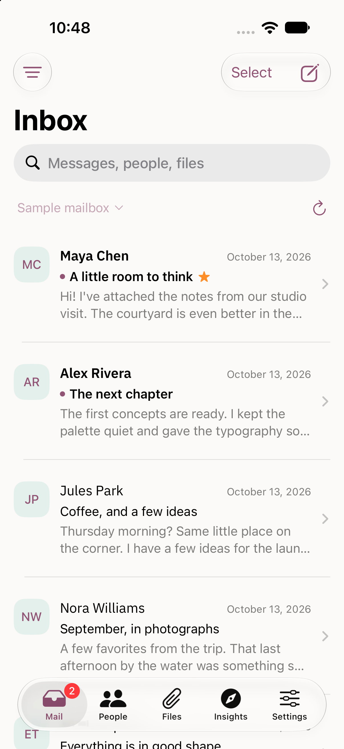 Parcel on iPhone: sample inbox