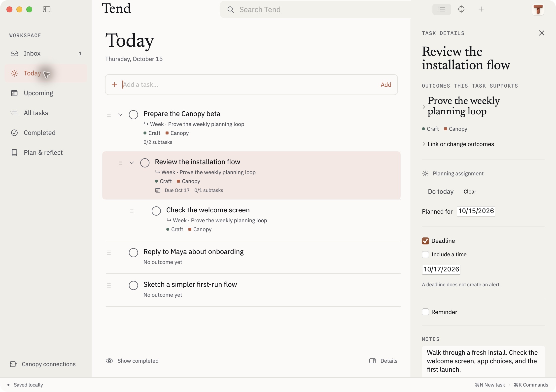 Tend Fieldwork native fixture with sample nested tasks